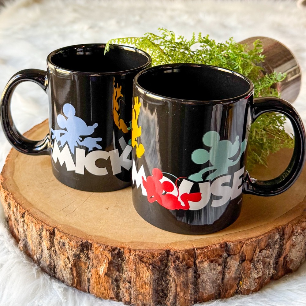 Disney Mickey Mouse Black Multi Color Moving Silhouette Logo Mug 12oz Set of 2